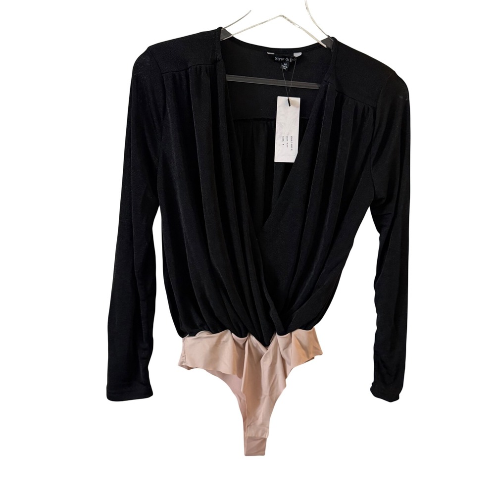 Strut &‎ Bolt surplice wrap bodysuit black medium shoulder pads NWT